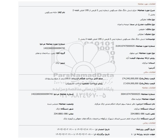 مزایده، شش دانگ ملک مسکونی شماره ثبتی 2 فرعی از 195 اصلی قطعه 2 بخش 1