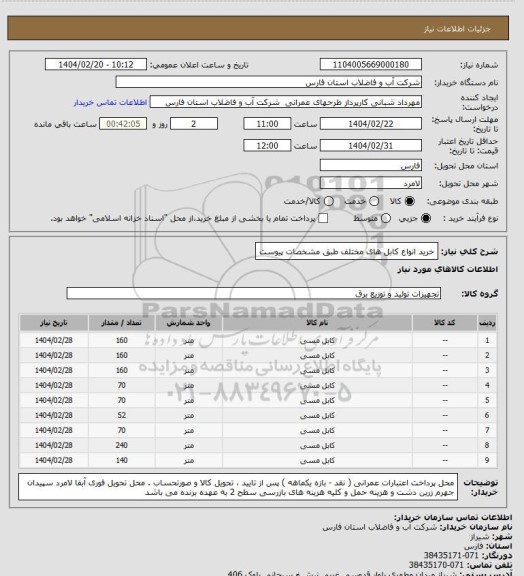 استعلام خرید انواع کابل های مختلف طبق مشخصات پیوست