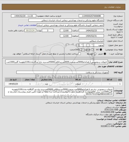 استعلام انژیوکت زردوصورتی از هرکدام5000عددوبنفش3000عددپدالکلی45000غددبرند تری مدگازعادل100کیلووپنبه گلریز1000غدد
