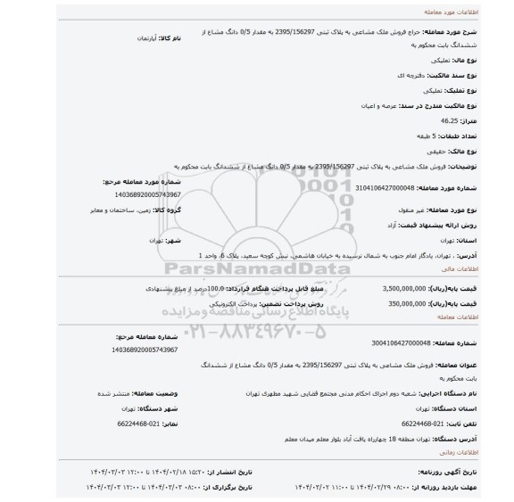 مزایده، فروش ملک مشاعی به پلاک ثبتی 2395/156297 به مقدار 0/5 دانگ مشاع از ششدانگ بابت محکوم به