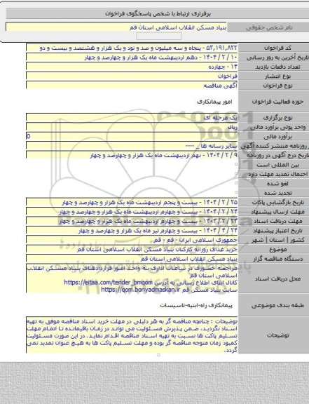 مناقصه, خرید غذای روزانه کارکنان بنیاد مسکن انقلاب اسلامی استان قم