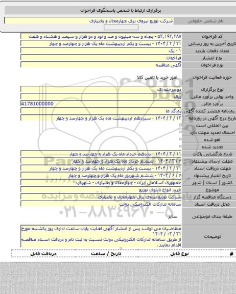 مناقصه, خرید انواع تابلوی توزیع