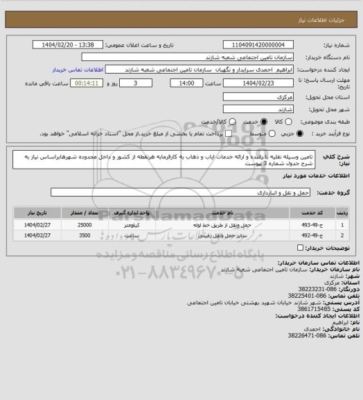 استعلام تامین وسیله نقلیه با راننده و ارائه خدمات ایاب و ذهاب به کارفرمابه هرنقطه از کشور و داخل محدوده شهرهابراساس نیاز به شرح جدول شماره 3 پیوست