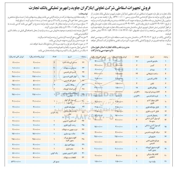 مزایده فروش تجهیزات اسقاطی شامل مانیتور و...