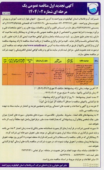 تجدید مناقصه اصلاح شبکه توزیع، حفاظت و نگهداری از تاسیسات و تجهیزات آب شرب....- نوبت دوم
