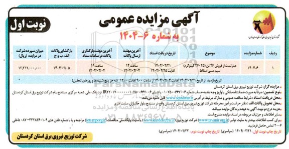 مزایده فروش 46 تن (46025 کیلوگرم) سیم مسی اسقاط
