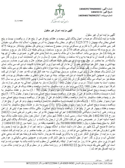 مزایده ششدانگ عرصه و اعیان پلاک ثبتی بخش یک 