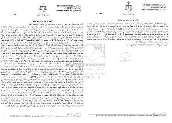 مزایده دو دانگ مشاع از ششدانگ پلاک 16932 فرعی از 7552 اصلی ...