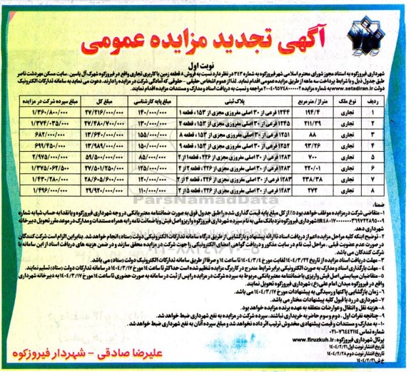 تجدید مزایده عمومی فروش 8 قطعه زمین با کاربری تجاری 