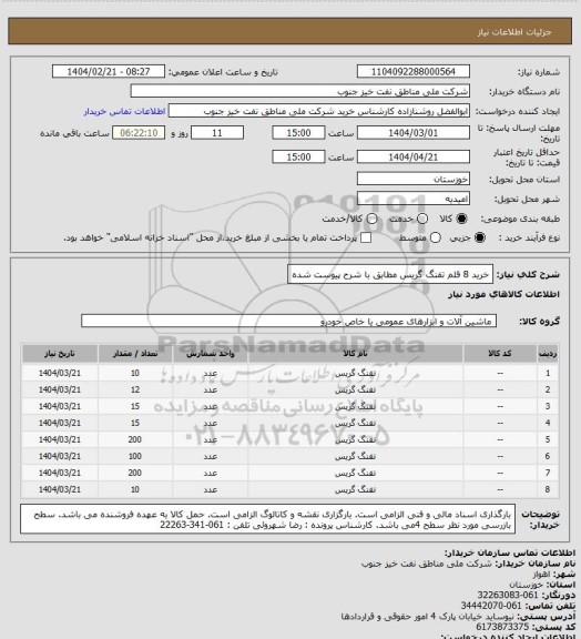 استعلام خرید  8 قلم تفنگ گریس مطابق با شرح پیوست شده