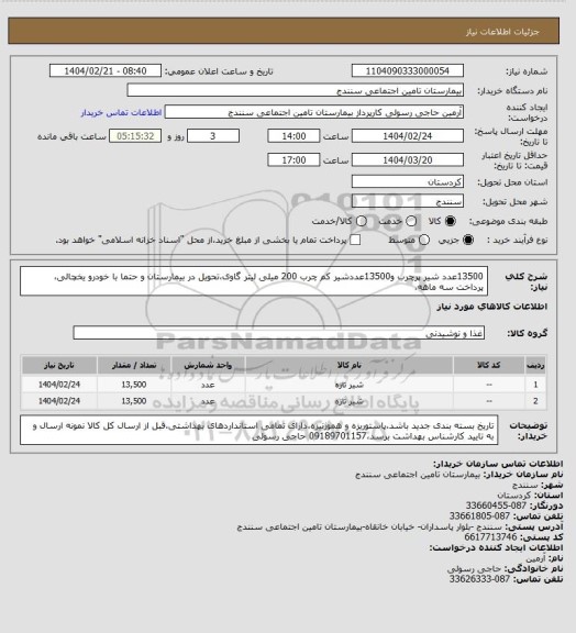 استعلام 13500عدد شیر پرچرب و13500عددشیر کم چرب 200 میلی لیتر گاوی،تحویل در بیمارستان و حتما با خودرو یخچالی، پرداخت سه ماهه،