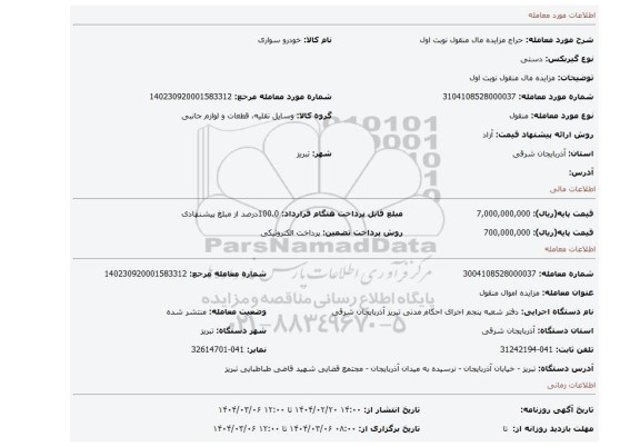 مزایده، مزایده مال منقول نوبت اول