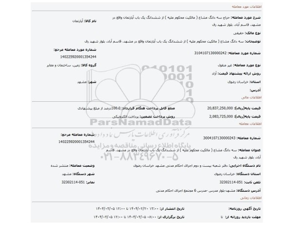 مزایده، سه  دانگ مشاع ( مالکیت محکوم علیه ) از ششدانگ یک باب آپارتمان واقع در مشهد، قاسم آباد، بلوار شهید رف