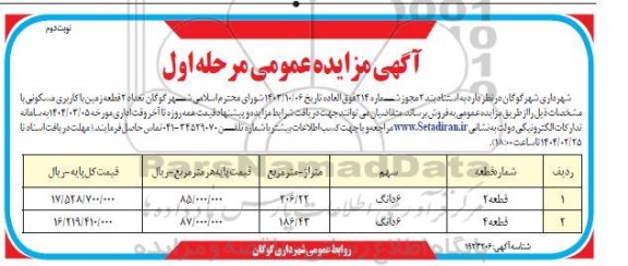 مزایده فروش تعداد 2 قطعه زمین با کاربری مسکونی -مرحله اول نوبت دوم
