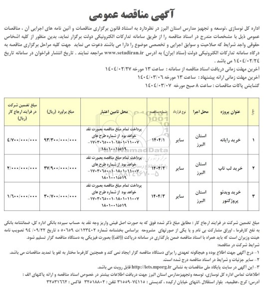 مناقصه خرید رایانه، لب تاپ، ویدئو پروژکتور