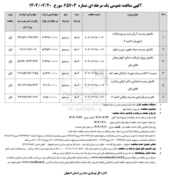 مناقصه عمومی تکمیل مدرسه آریان نسب و روستازاده...