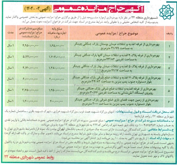 مزایده و حراج بهره برداری از غرفه اغذیه و تنقلات ...