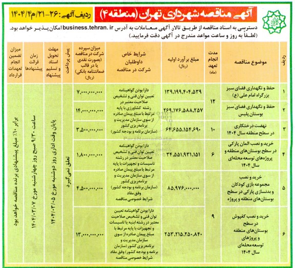 مناقصه حفظ و نگهداری فضای سبز بزرگراه امام علی (ع) ...