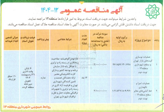 مناقصه عملیات نوسازی گیت های بازار تهران و سطح شهرداری ...