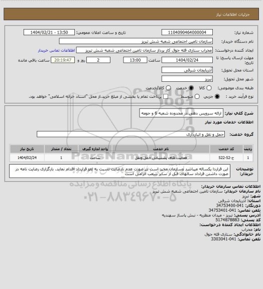 استعلام ارائه سرویس دهی در محدوده شعبه 6 و حومه