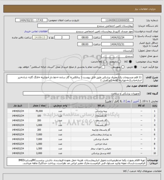 استعلام 11 قلم منسوجات یکبارمصرف پزشکی طبق فایل پیوست ( پدالکلی+ گاز ساده +خط دار +وازلینه +لانگ گاز+ شان+زیر انداز+ماسک+جوراب+کلاه+کاورکفش )