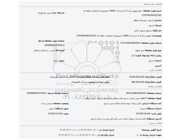 مزایده، ایوریق یری 2 به مساحت 15659 مترمربع به مختصات نقطه ای 279790s394232183