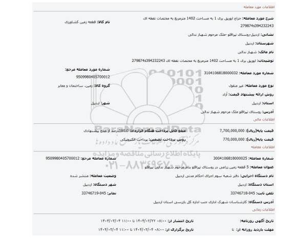 مزایده، ایوریق یری 1 به مساحت 1402 مترمربع به مختصات نقطه ای 279874s394232243