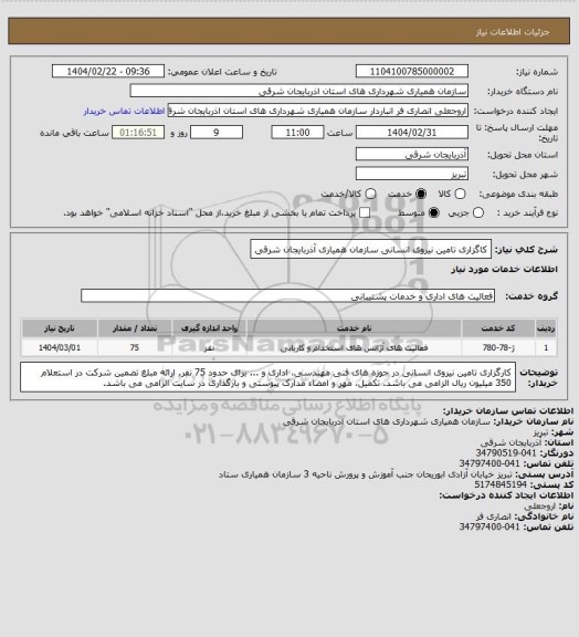 استعلام کاگزاری تامین نیروی انسانی سازمان همیاری آذربایجان شرقی