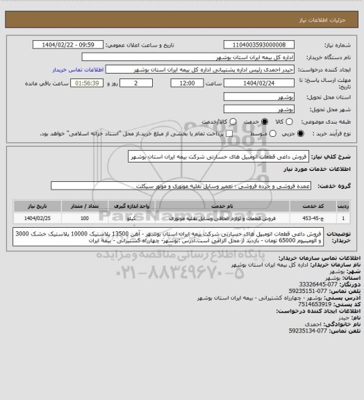 استعلام فروش داغی قطعات اتومبیل های خسارتی شرکت بیمه ایران استان بوشهر