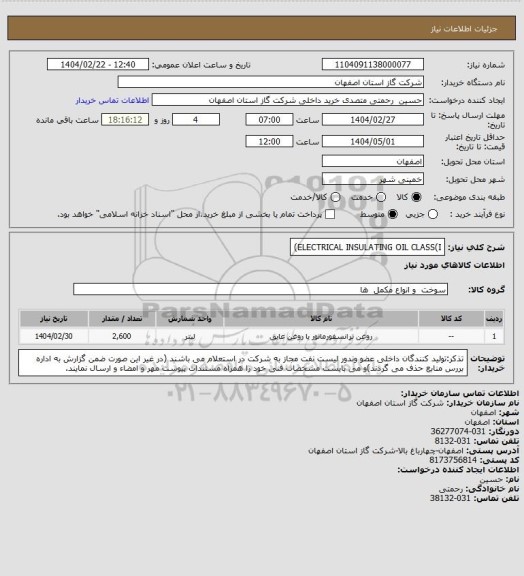 استعلام ELECTRICAL INSULATING OIL  CLASS(I)