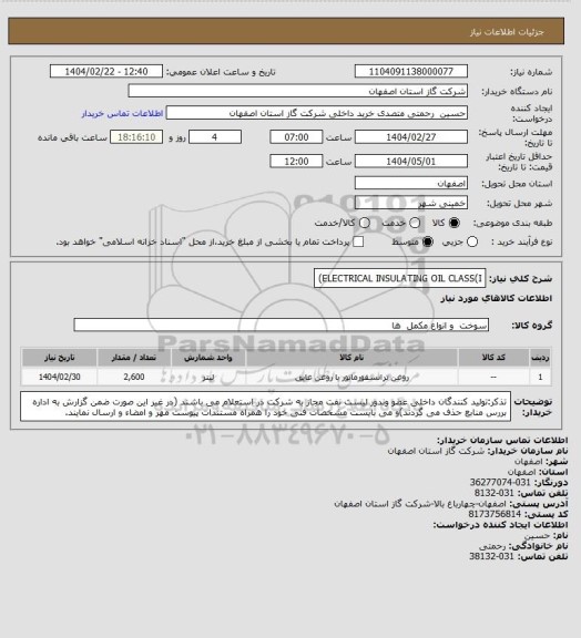 استعلام ELECTRICAL INSULATING OIL  CLASS(I)