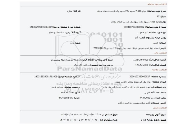 مزایده،  7.526 سهم از72 سهم یک باب ساختمان تجاری