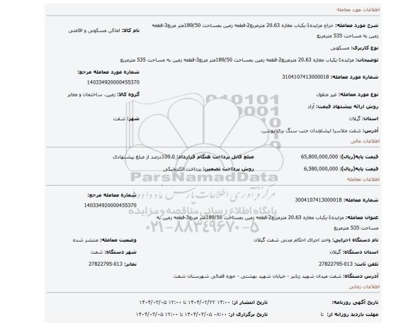 مزایده، مزایده1-یکباب مغازه 20.63 مترمربع2-قطعه زمین بمساحت 189/50متر مربع3-قطعه زمین به مساحت 535 مترمربع