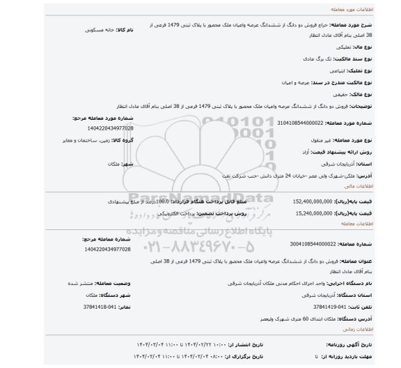 مزایده، فروش دو دانگ از ششدانگ عرصه واعیان ملک محصور با پلاک ثبتی 1479 فرعی از 38 اصلی بنام آقای عادل انتظار
