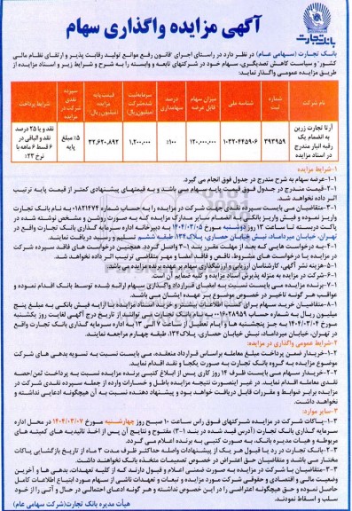 مزایده واگذاری سهام آرتا تجارت زرین به انضمام یک رقبه انبار