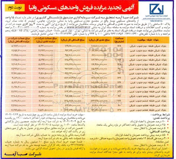 مزایده فروش واحدهای مسکونی وانیا- نوبت دوم