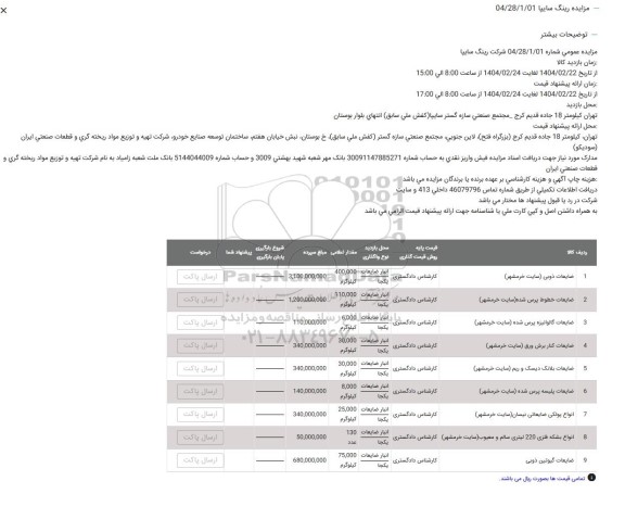مزایده ضایعات ذوبی و...