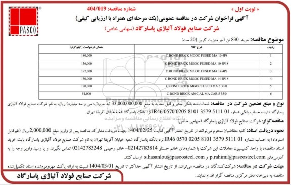 مناقصه عمومی خرید 830 تن آجر منیزیت کرین (20 ست)