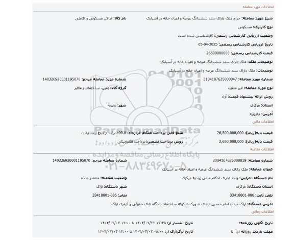 مزایده، ملک دارای سند ششدانگ عرصه و اعیان خانه در آسیابک