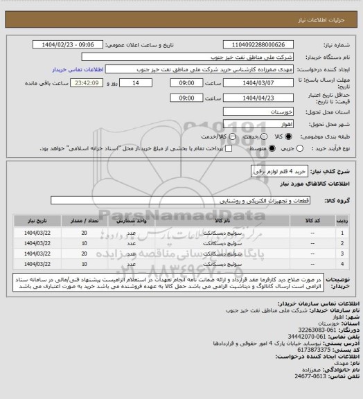 استعلام خرید 4 قلم لوازم برقی