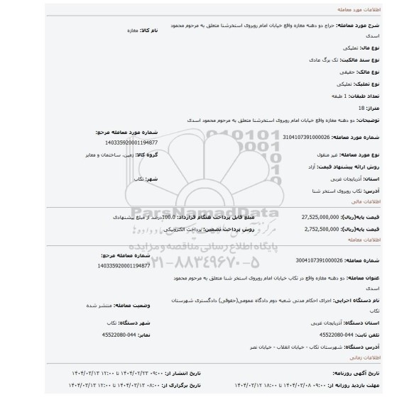 مزایده، دو دهنه مغازه واقع خیابان امام روبروی استخرشنا متعلق به مرحوم محمود اسدی