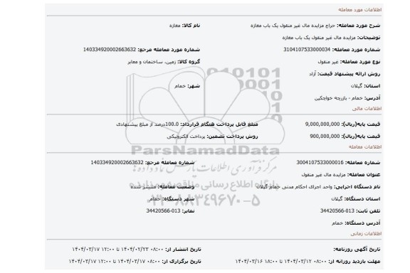 مزایده، مزایده مال غیر منقول یک باب مغازه