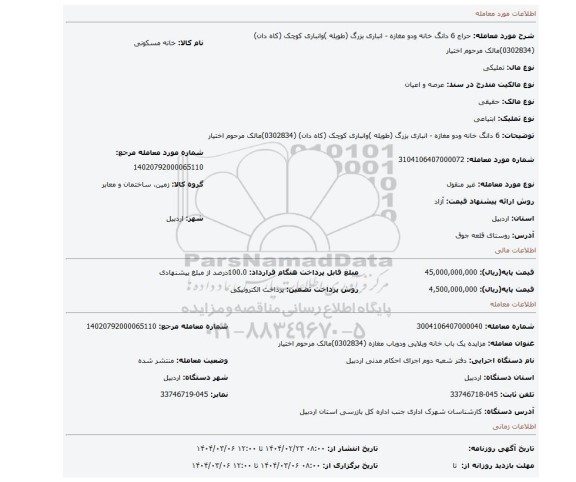 مزایده، 6  دانگ خانه  ودو مغازه - انباری بزرگ (طویله )وانباری کوچک (کاه دان) (0302834)مالک مرحوم اختیار