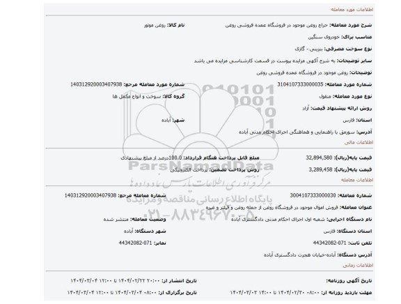 مزایده، روغن موجود در فروشگاه عمده فروشی روغن