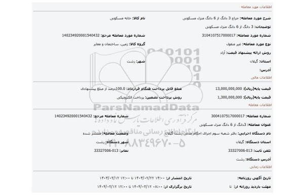 مزایده، 3 دانگ از 6 دانگ منزل مسکونی