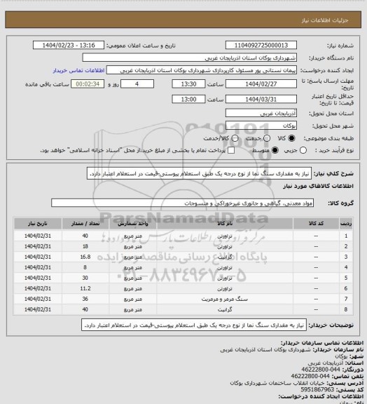 استعلام نیاز به مقداری سنگ نما از نوع درجه یک طبق استعلام پیوستی-قیمت در استعلام اعتبار دارد.