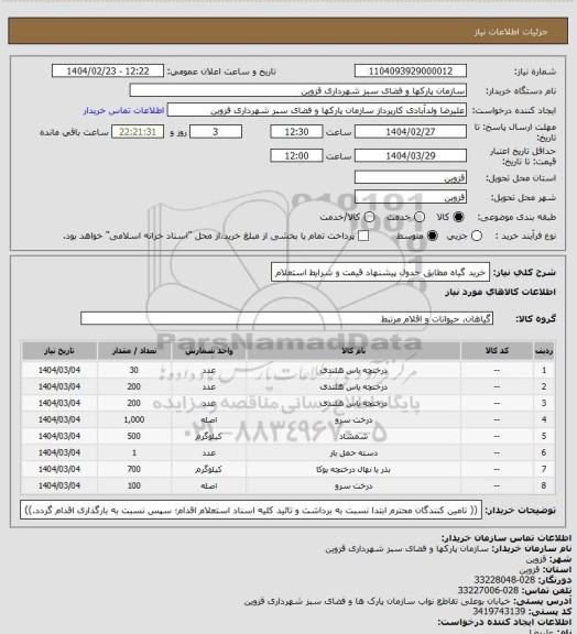 استعلام خرید گیاه مطابق جدول پیشنهاد قیمت و شرایط استعلام