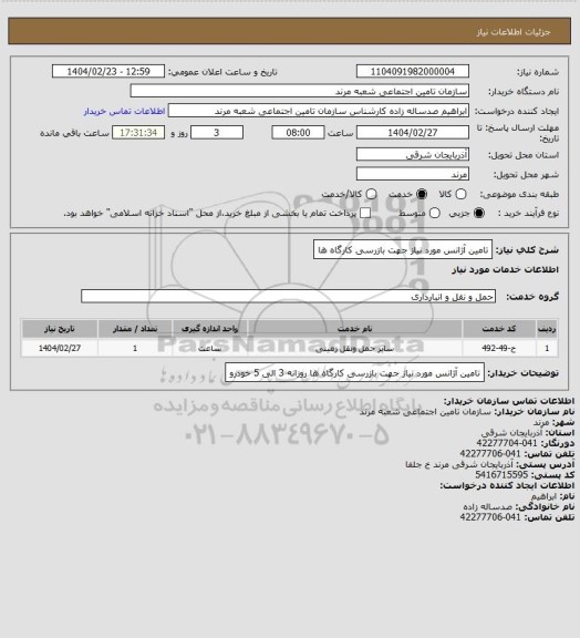 استعلام تامین آژانس مورد نیاز جهت بازرسی کارگاه ها