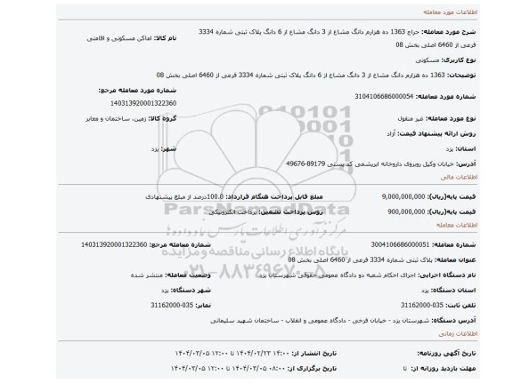مزایده، 1363 ده هزارم دانگ مشاع از 3 دانگ مشاع از 6 دانگ پلاک ثبتی شماره 3334 فرعی از 6460 اصلی بخش 08