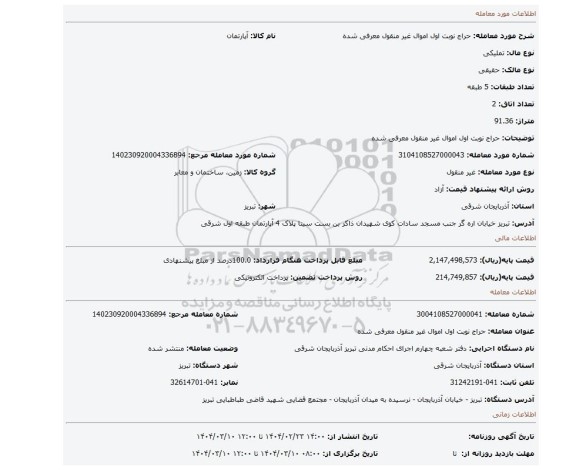 مزایده، حراج نوبت اول اموال غیر منقول معرفی شده